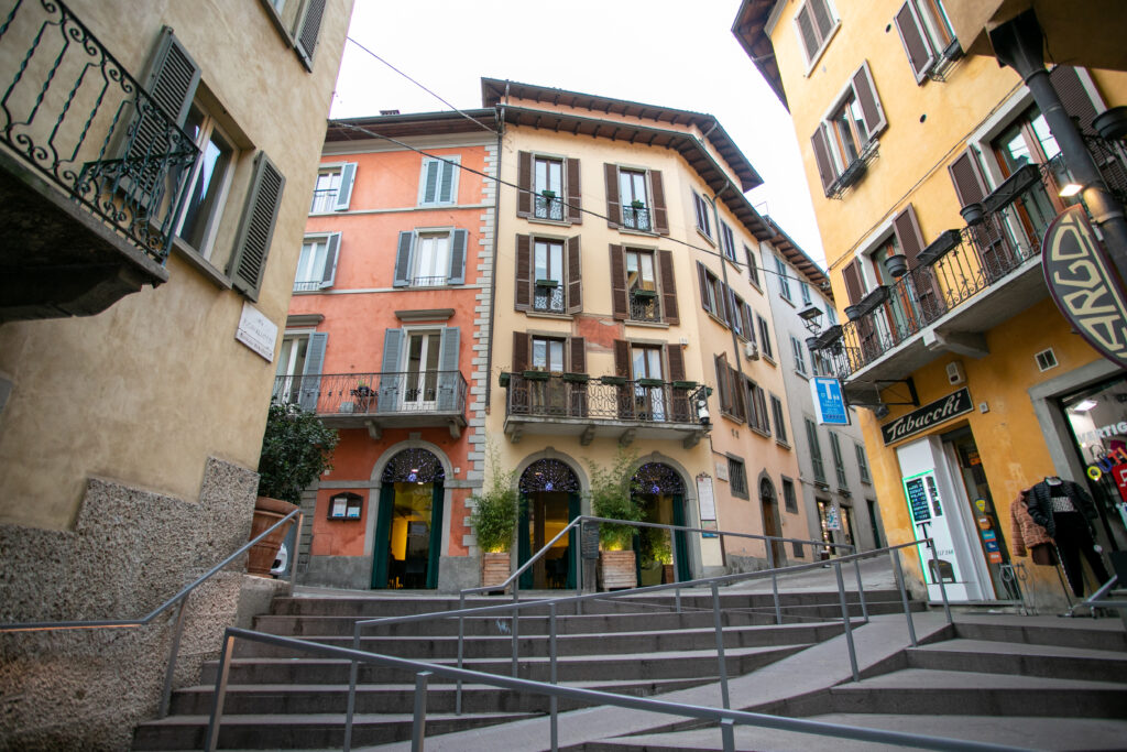 Historical colorful buildings along a quiet street in Lovere's town center