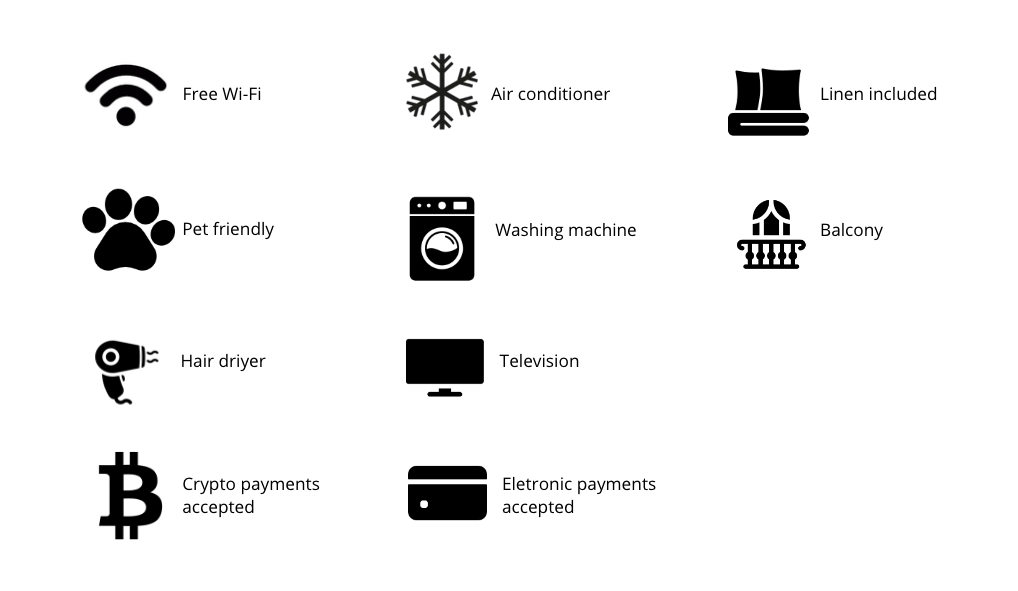 Comprehensive amenities icons for La Rocca apartment, including free Wi-Fi, air conditioning, and pet-friendly options