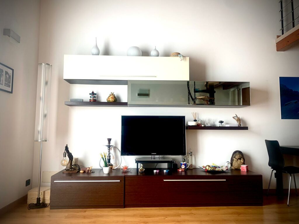 Cozy living room setup with a TV and decorative shelves at La Rocca apartment