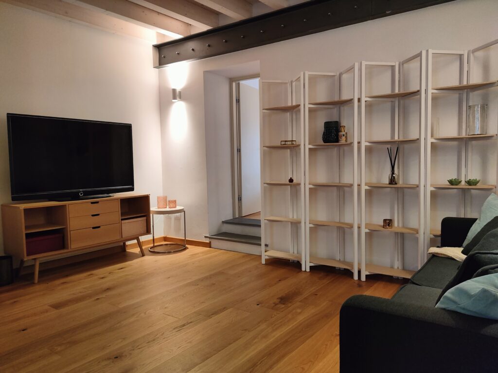 Inviting living room in Lakeview Apartment with plush seating and warm wooden flooring