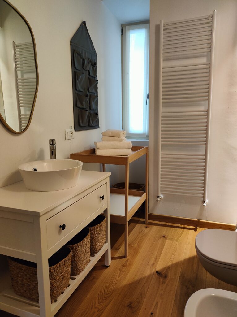 A sleek and modern bathroom with wooden accents and contemporary fixtures in Lakeview Apartment