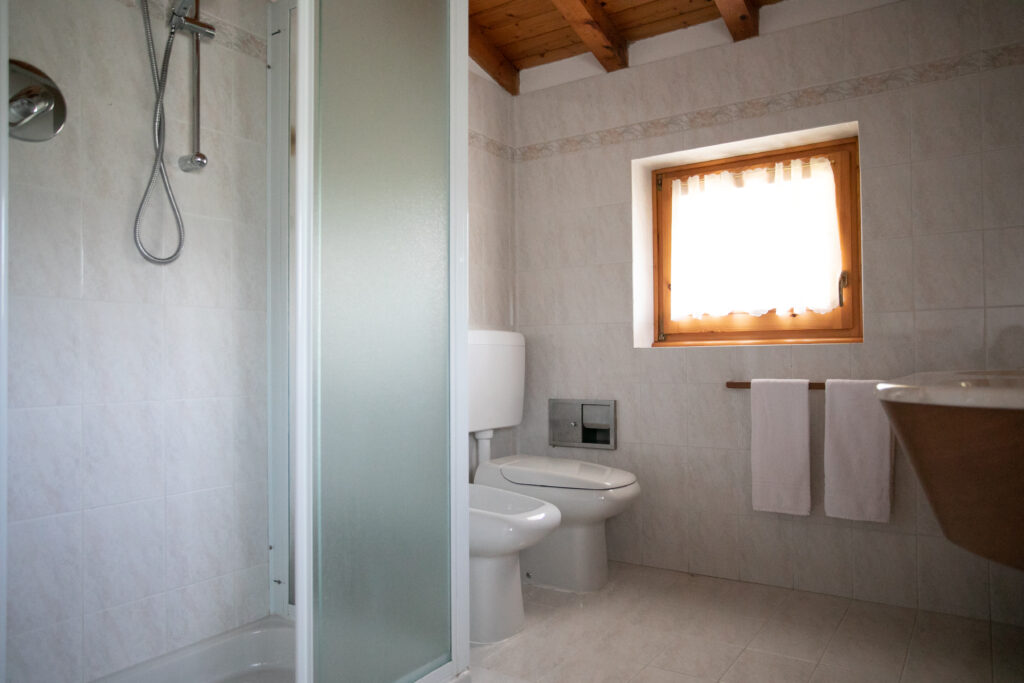 Compact shower and toilet area with wood ceiling in Villa Simone